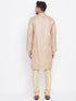 Vastramay Men's Beige And Gold Silk Blend Kurta Pyjama Set